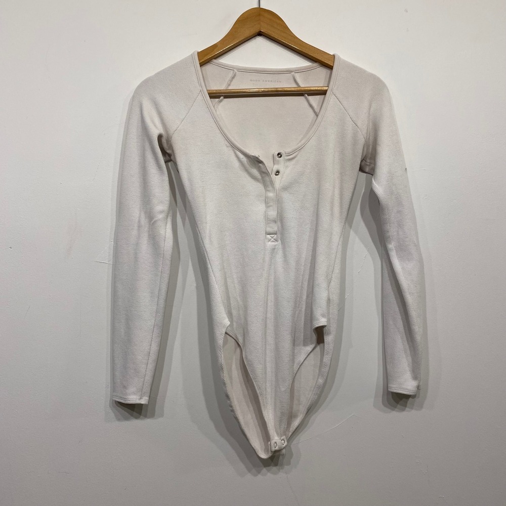 Good American Womens Henley Long Sleeve Bodysuit Off-White Size 2 Medium
